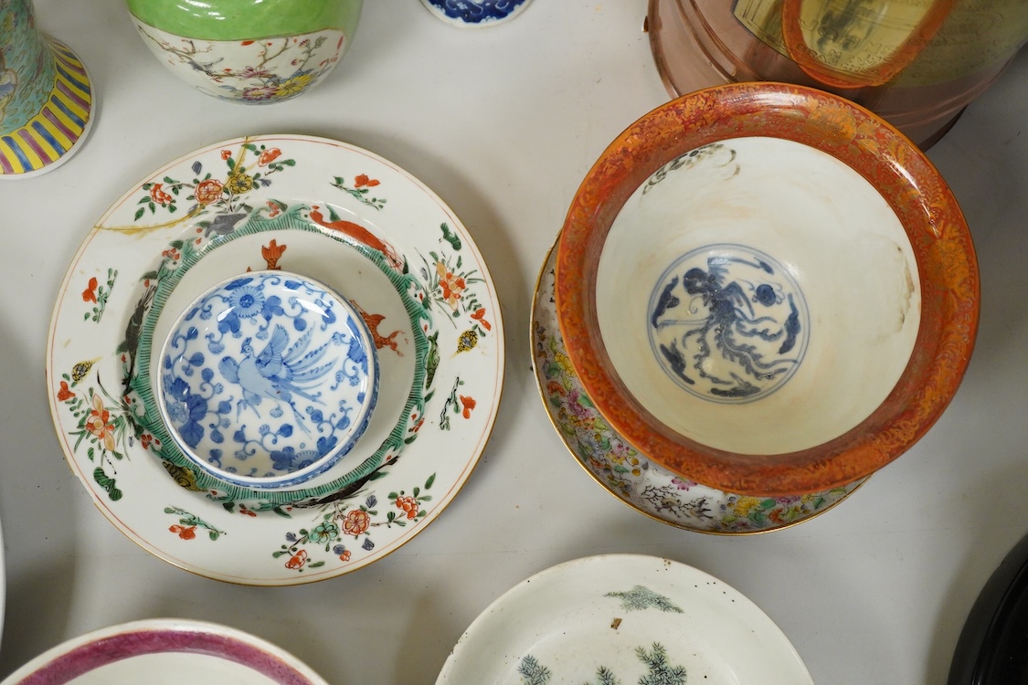 A collection of Chinese ceramics, 18th century and later to include a blue and white vase and cover, ‘goldfish’ charger and various bowls, largest 36cm in diameter